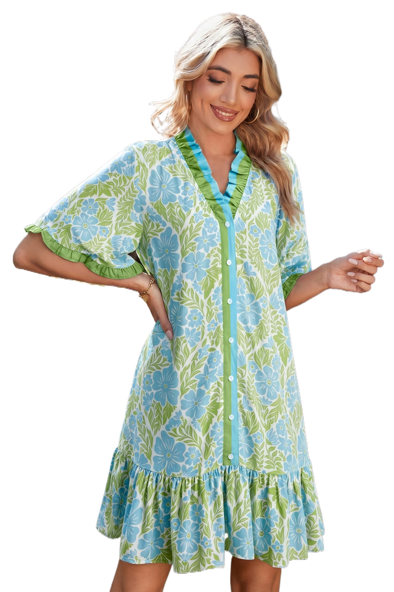 Women's Sky Blue Botanical Floral Dress – V-Neck Button Front Short Sleeve Mini Dress - Main View Women's Sky Blue Botanical Floral Dress – V-Neck Button Front Short Sleeve Mini Dress - Main View
