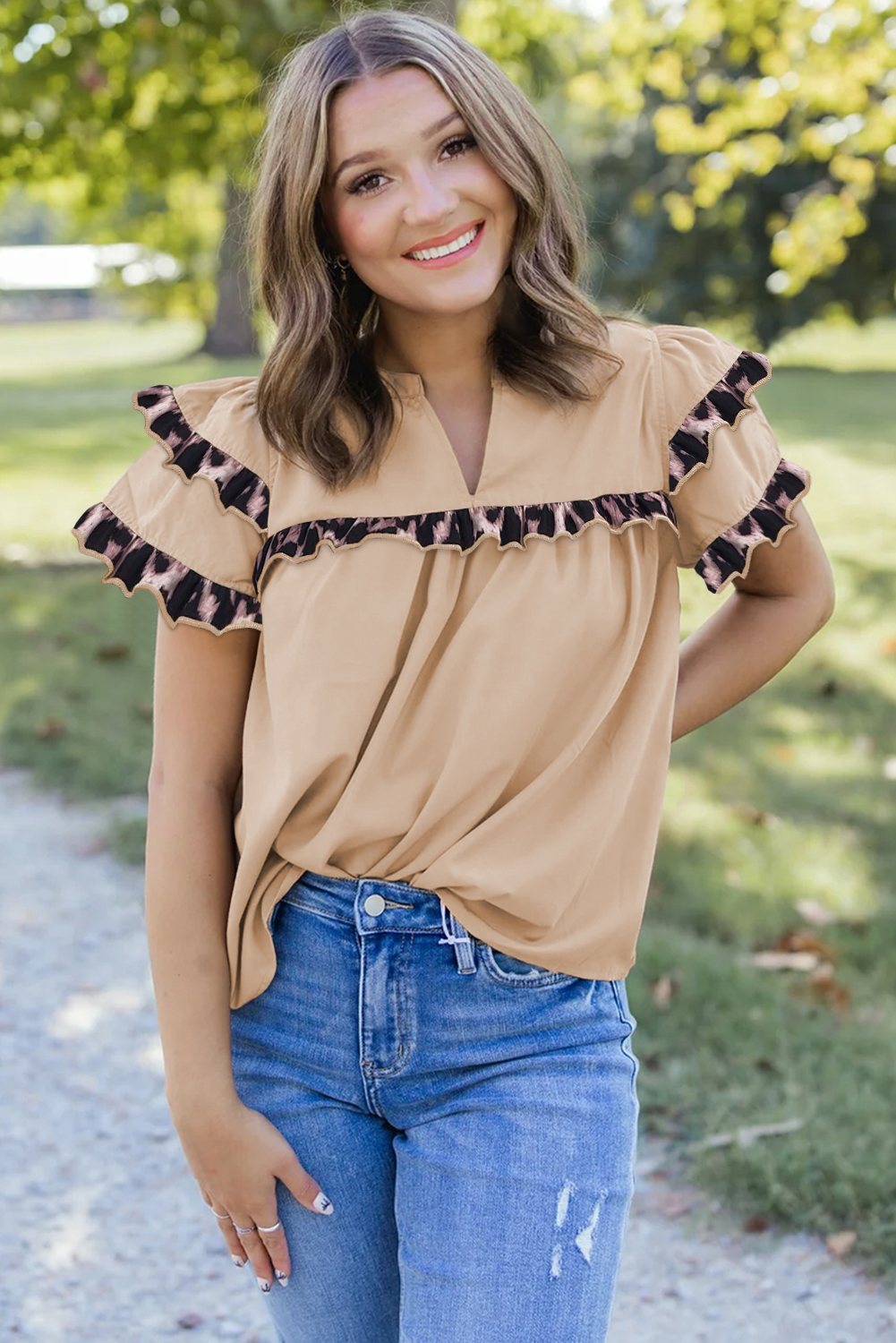 Elegant Short Sleeve Tiered Blouse with Ruffled Trim - Leopard Pattern - Detail View 2 Elegant Short Sleeve Tiered Blouse with Ruffled Trim - Leopard Pattern - Detail View 2