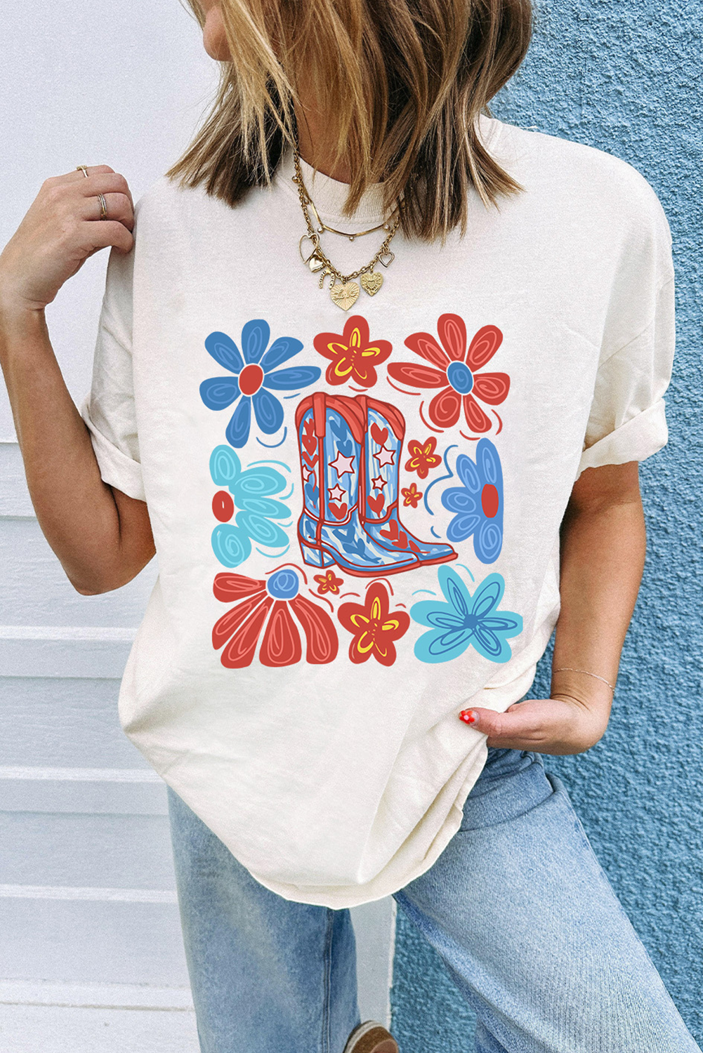Patriotic White T-Shirt with Cowgirl Boots and Floral Print for Fourth of July - Detail View 2 Patriotic White T-Shirt with Cowgirl Boots and Floral Print for Fourth of July - Detail View 2