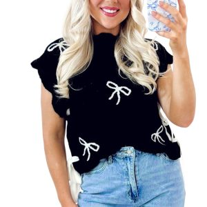Women's Black Bow Print Scalloped Hem Short Sleeve Sweater T-Shirt - Main View