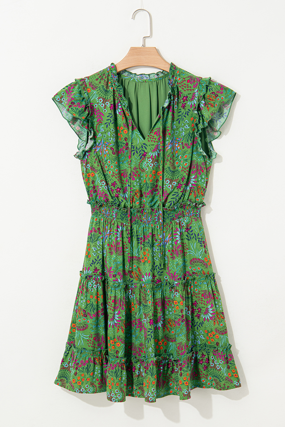Eye-Catching Mini Dress for Daily Wear - Green V Neck with Frilly Hem - Detail View 7 Eye-Catching Mini Dress for Daily Wear - Green V Neck with Frilly Hem - Detail View 7