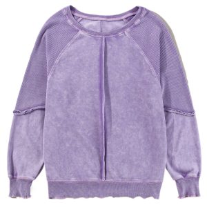Women's Orchid Petal Waffle Knit Patchwork Raglan Sleeve Sweatshirt - Casual Long Sleeve Top - Main View