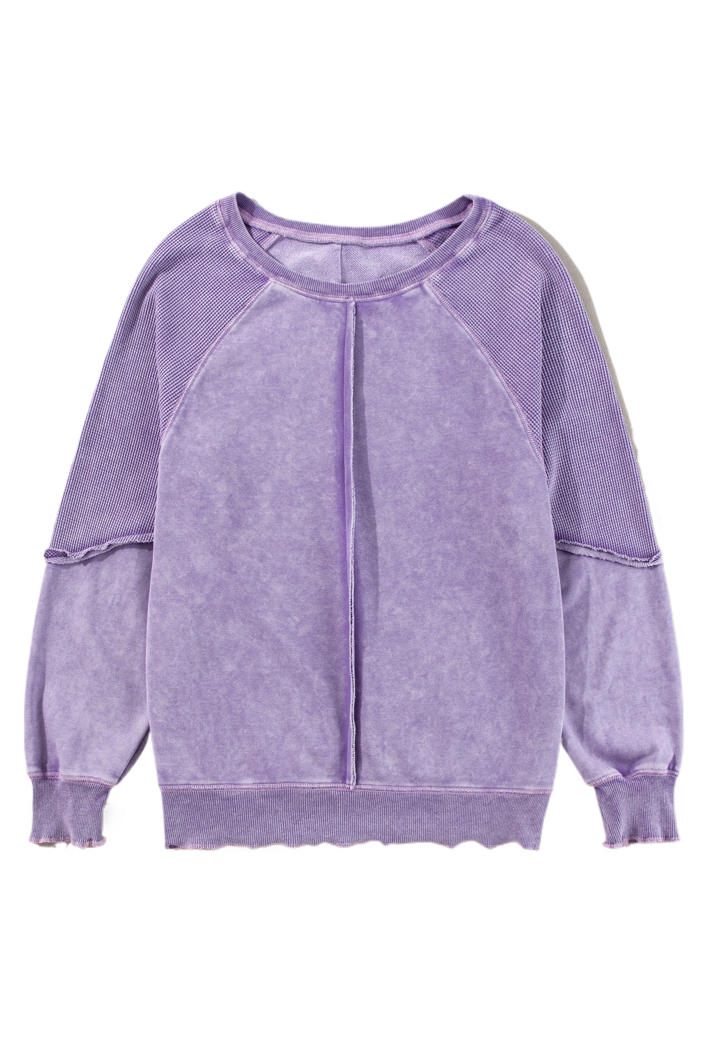 Women's Orchid Petal Waffle Knit Patchwork Raglan Sleeve Sweatshirt - Casual Long Sleeve Top - Main View Women's Orchid Petal Waffle Knit Patchwork Raglan Sleeve Sweatshirt - Casual Long Sleeve Top - Main View