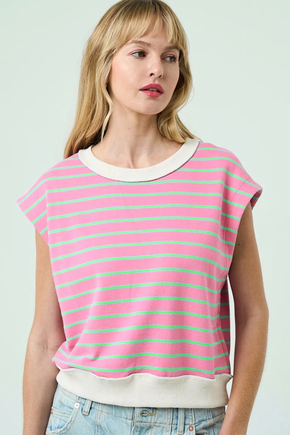 Chic and Comfortable Sachet Pink Striped Tee with Cap Sleeves - Detail View 2 Chic and Comfortable Sachet Pink Striped Tee with Cap Sleeves - Detail View 2