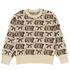 Plus Size Women's Brown Bow Horseshoe Print Sweater – Cozy Western Style for Daily Wear - Main View
