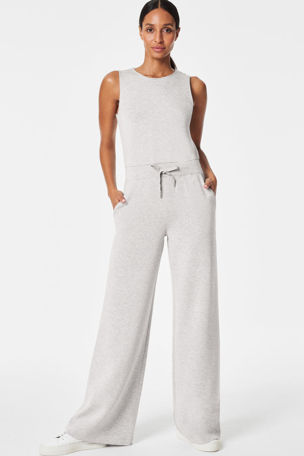 Comfortable Light Grey Crew Neck Jumpsuit with Adjustable Drawstring and Pockets - Detail View 3 Comfortable Light Grey Crew Neck Jumpsuit with Adjustable Drawstring and Pockets - Detail View 3