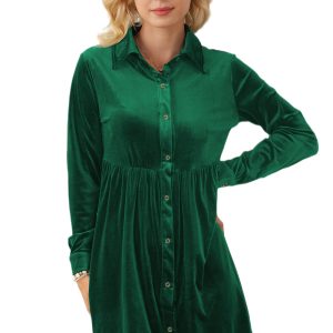 Elegant Green Long Sleeve Ruffle Velvet Button Up Mini Dress - Main View