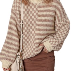Women's Khaki Stripe Checkerboard Drop Shoulder Balloon Sleeve Sweater - Main View