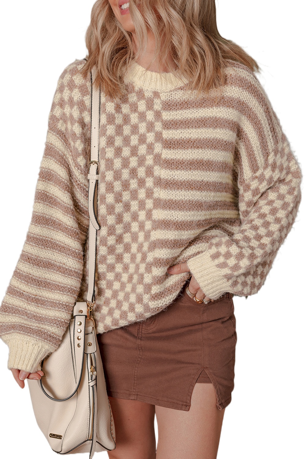 Women's Khaki Stripe Checkerboard Drop Shoulder Balloon Sleeve Sweater - Main View Women's Khaki Stripe Checkerboard Drop Shoulder Balloon Sleeve Sweater - Main View