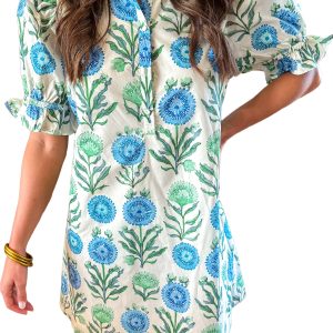 Women's Floral Mini Dress – Sky Blue Puff Sleeve Summer Shift - Main View