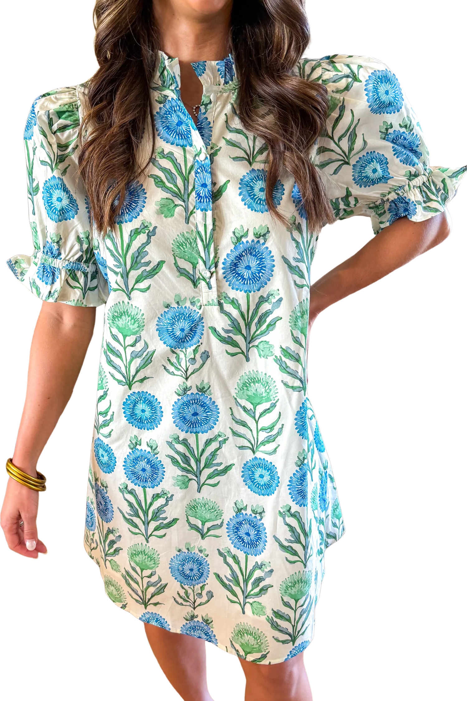 Women's Floral Mini Dress – Sky Blue Puff Sleeve Summer Shift - Main View Women's Floral Mini Dress – Sky Blue Puff Sleeve Summer Shift - Main View