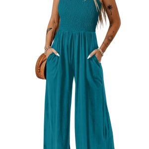 Women's Peacock Blue Smocked Jumpsuit – Square Neck Sleeveless One-Piece with Pockets, Casual Summer Outfit - Main View