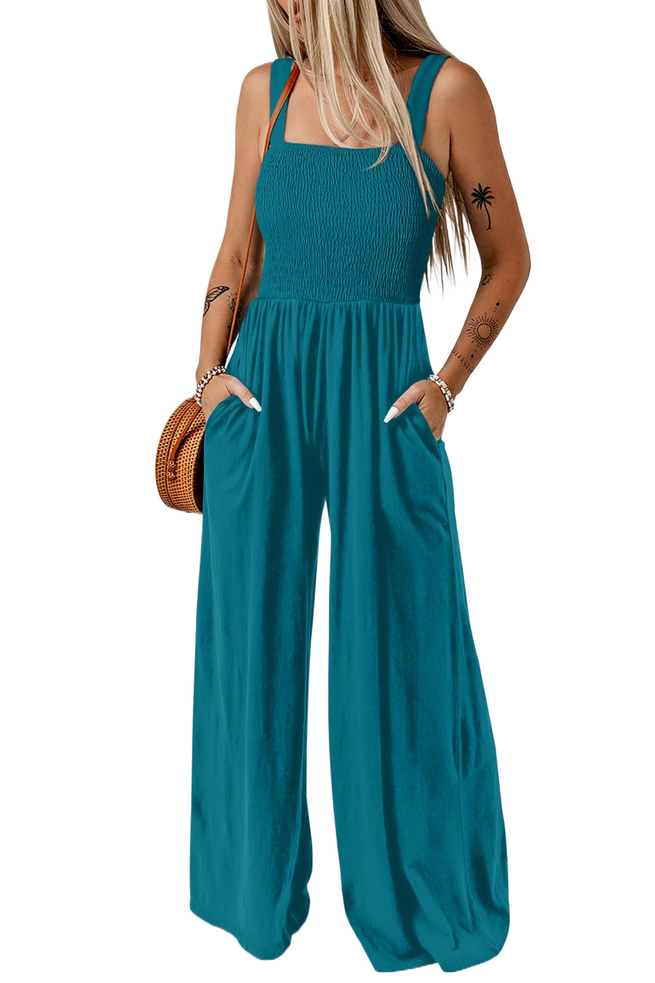 Women's Peacock Blue Smocked Jumpsuit – Square Neck Sleeveless One-Piece with Pockets, Casual Summer Outfit - Main View Women's Peacock Blue Smocked Jumpsuit – Square Neck Sleeveless One-Piece with Pockets, Casual Summer Outfit - Main View