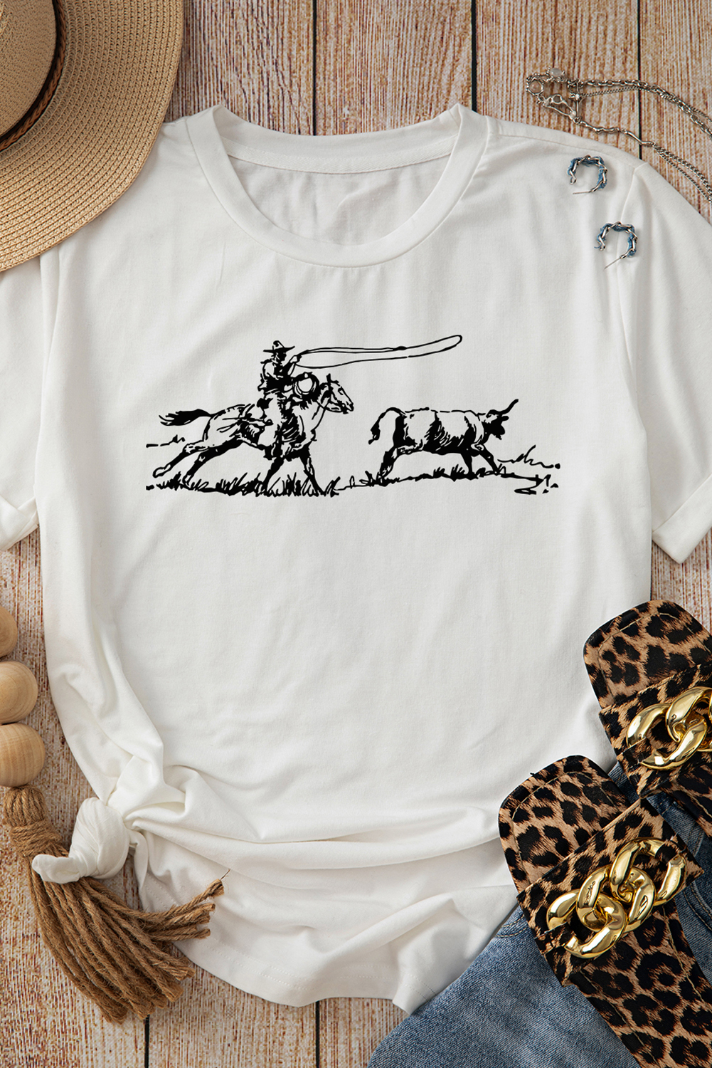 Stylish Women's White Graphic Tee with Cowboy Spirit - Perfect for Jeans and Boots - Detail View 7 Stylish Women's White Graphic Tee with Cowboy Spirit - Perfect for Jeans and Boots - Detail View 7