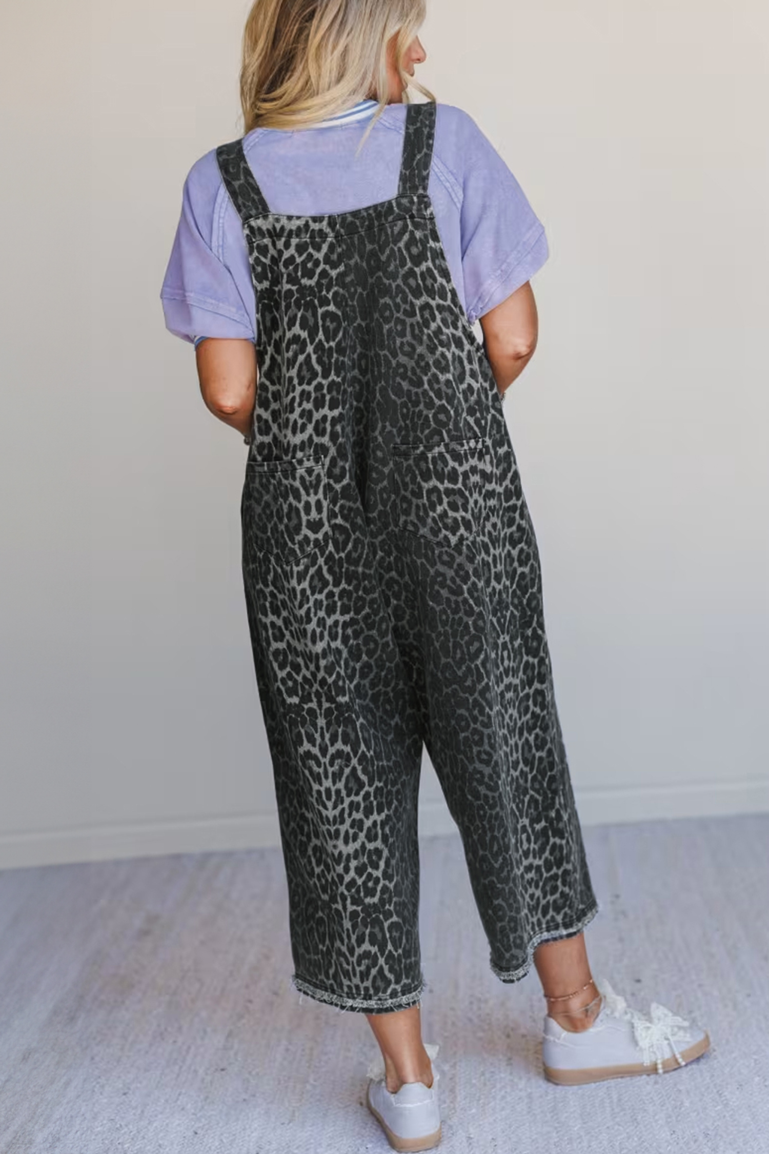 Casual Gray Leopard Print Denim Overalls for Women – Button-Up and Comfortable Fit - Detail View 2 Casual Gray Leopard Print Denim Overalls for Women – Button-Up and Comfortable Fit - Detail View 2