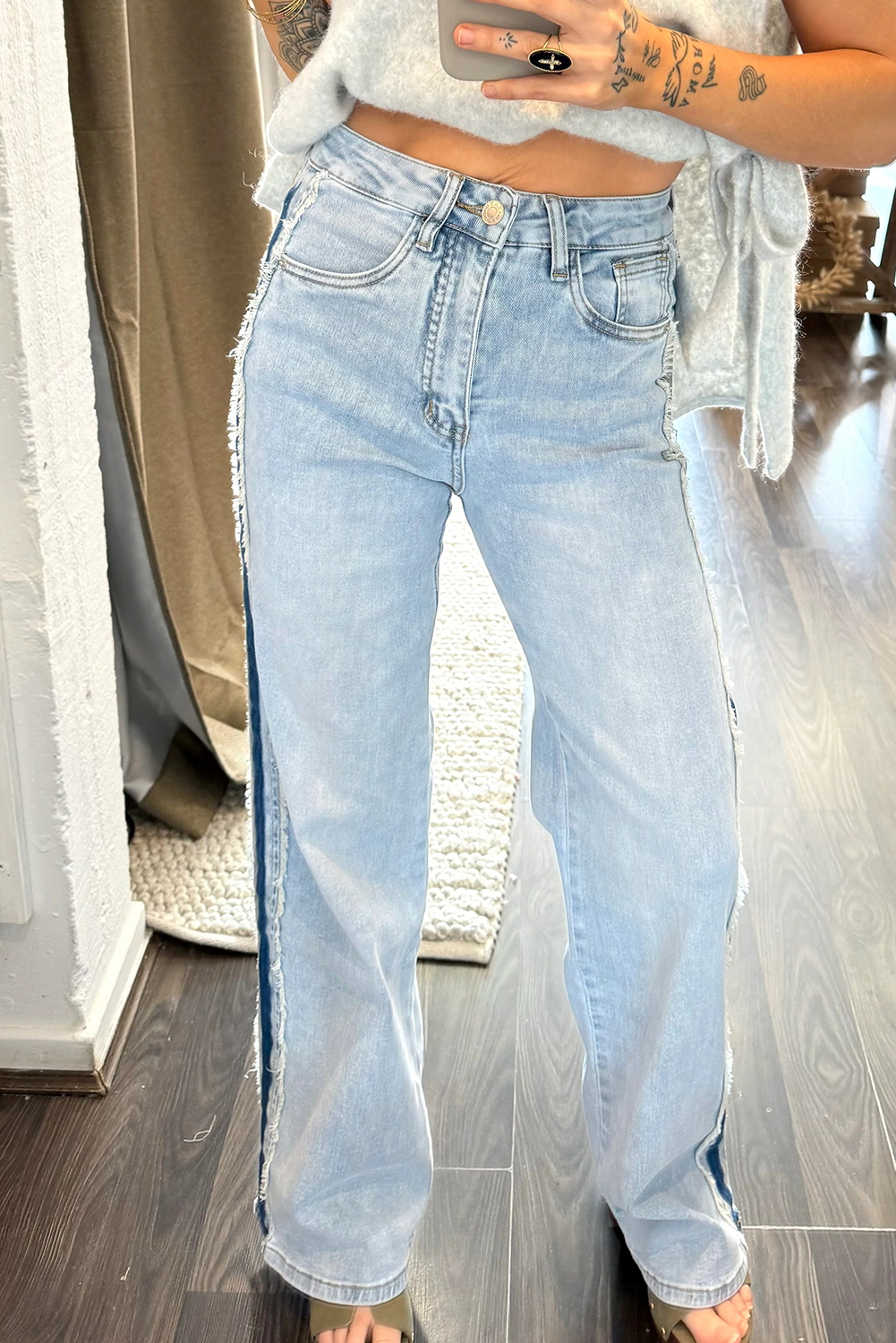 Southern Belle Style Shift Jeans for Women – Frayed Side Panel in Beau Blue - Detail View 5 Southern Belle Style Shift Jeans for Women – Frayed Side Panel in Beau Blue - Detail View 5