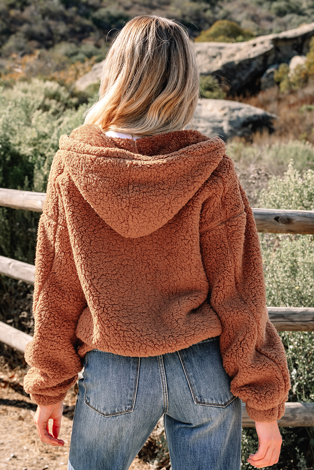Casual Women's Hooded Sherpa Jacket in Straw Yellow for Winter Days - Detail View 2 Casual Women's Hooded Sherpa Jacket in Straw Yellow for Winter Days - Detail View 2
