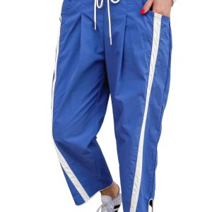Women's Dark Blue Smocked Waist Casual Pants – Contrast Striped High Waist Cropped Trousers - Main View