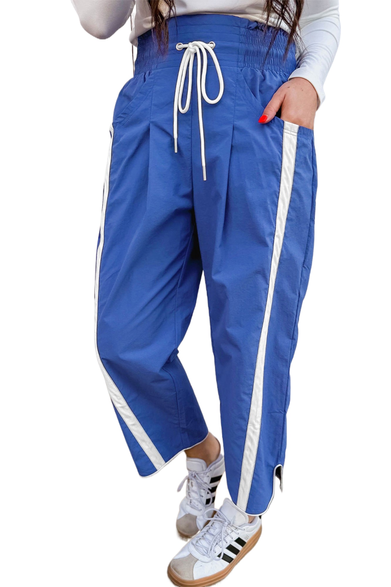 Women's Dark Blue Smocked Waist Casual Pants – Contrast Striped High Waist Cropped Trousers - Main View Women's Dark Blue Smocked Waist Casual Pants – Contrast Striped High Waist Cropped Trousers - Main View