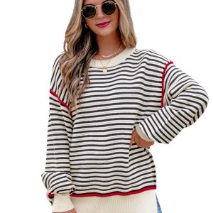 Women's Striped Oversized Sweater, Casual Long Sleeve Knit - Main View