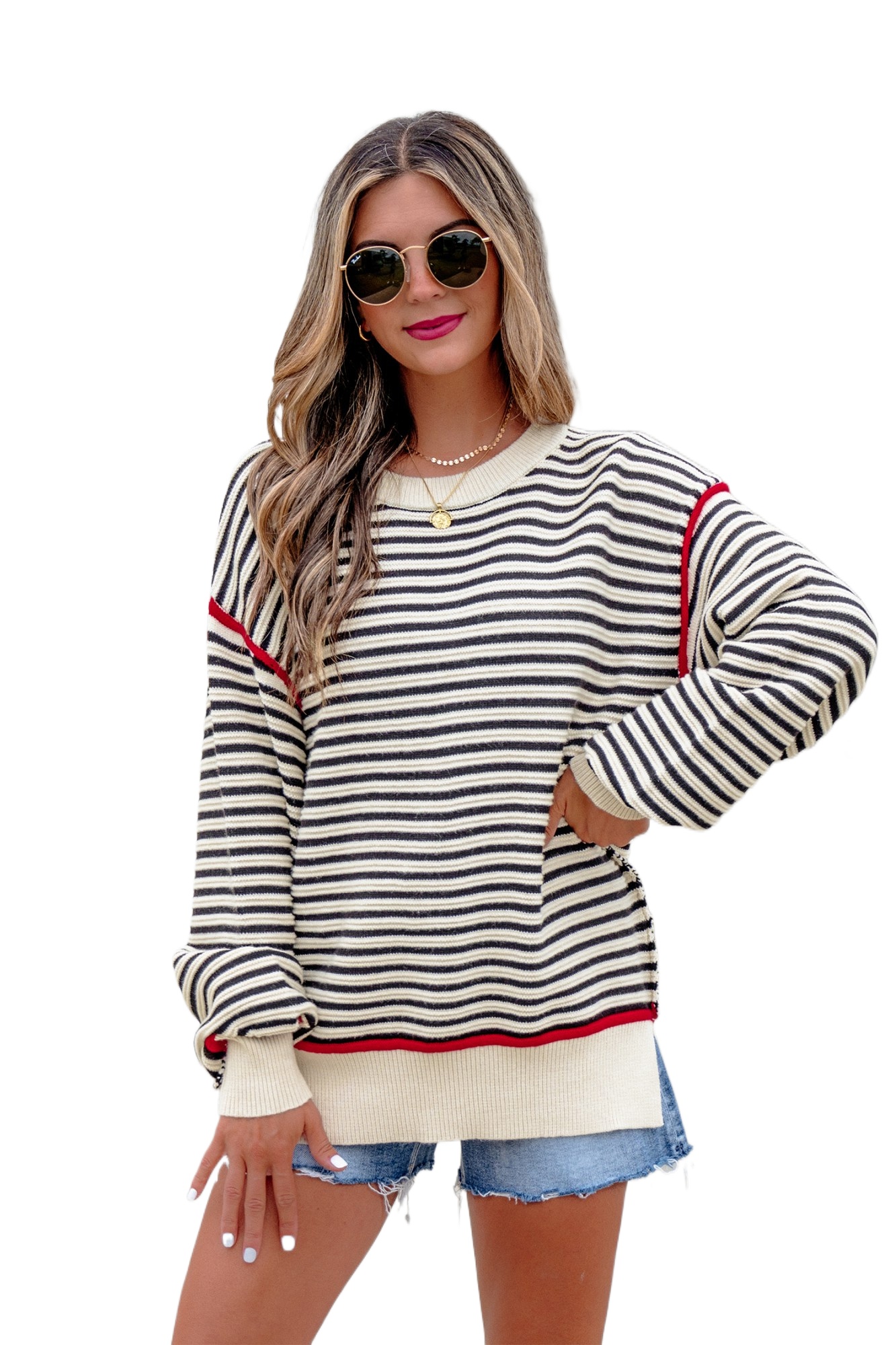 Women's Striped Oversized Sweater, Casual Long Sleeve Knit - Main View Women's Striped Oversized Sweater, Casual Long Sleeve Knit - Main View