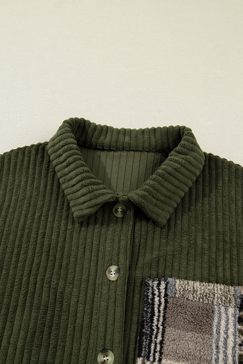 Women's Cozy Corduroy Button-Up in Jungle Green Plaid – Fleece-Lined Patchwork Design for Winter Layering - Detail View 15 Women's Cozy Corduroy Button-Up in Jungle Green Plaid – Fleece-Lined Patchwork Design for Winter Layering - Detail View 15