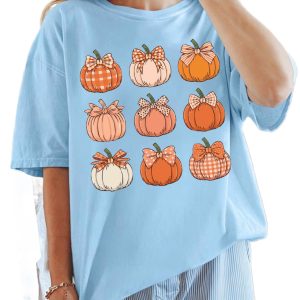 Women's Pumpkin Graphic T Shirt, Light Blue Casual Top - Main View
