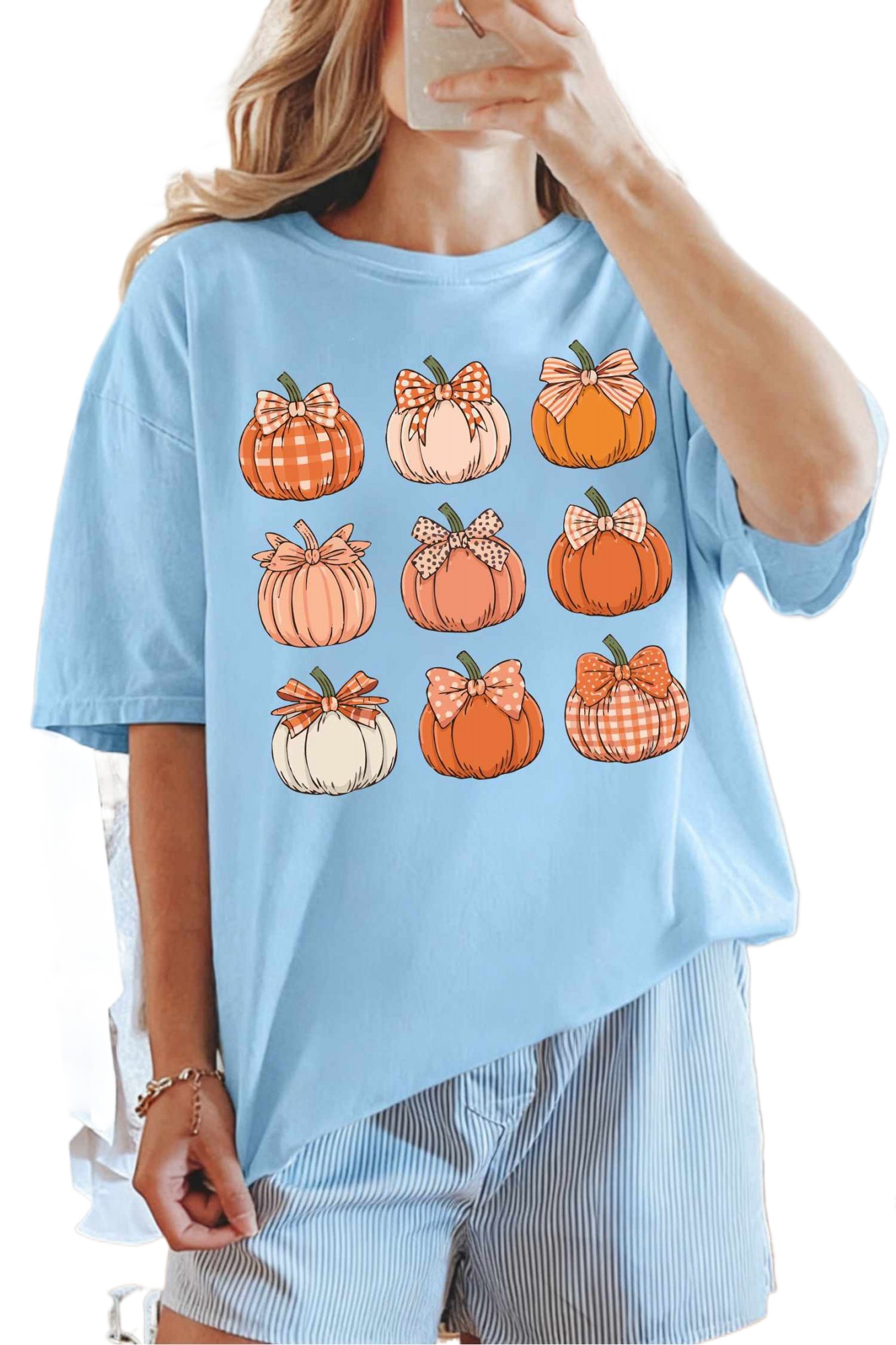 Women's Pumpkin Graphic T Shirt, Light Blue Casual Top - Main View Women's Pumpkin Graphic T Shirt, Light Blue Casual Top - Main View