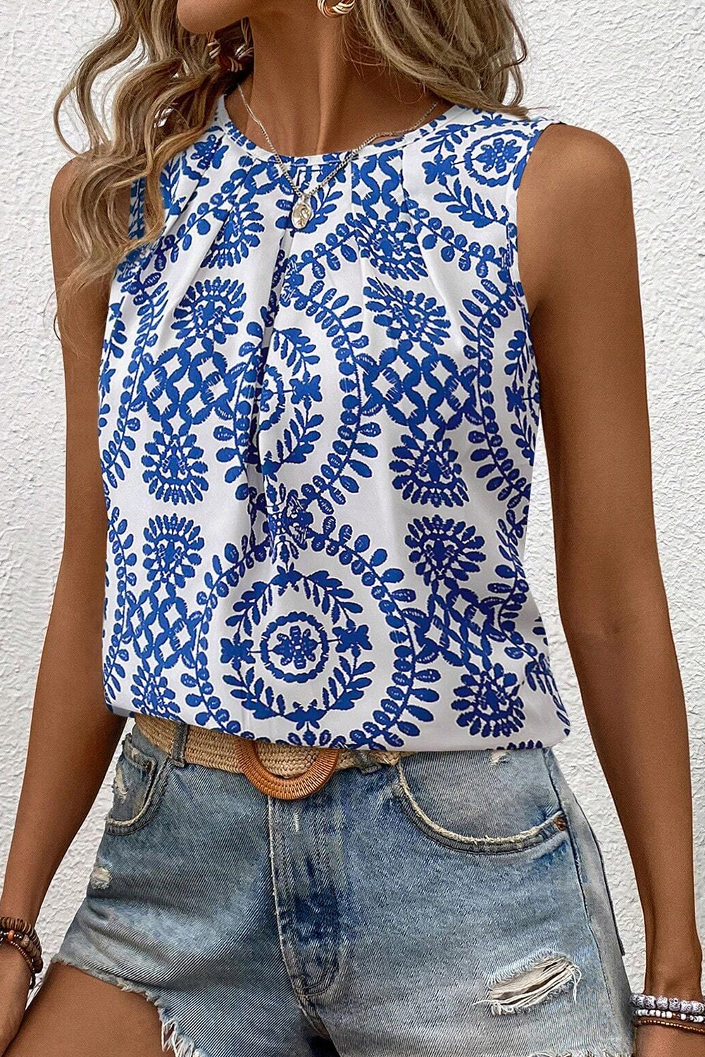 Sophisticated Blue Round Neck Tank Top for Daily Wear and Vacation Style - Detail View 3 Sophisticated Blue Round Neck Tank Top for Daily Wear and Vacation Style - Detail View 3