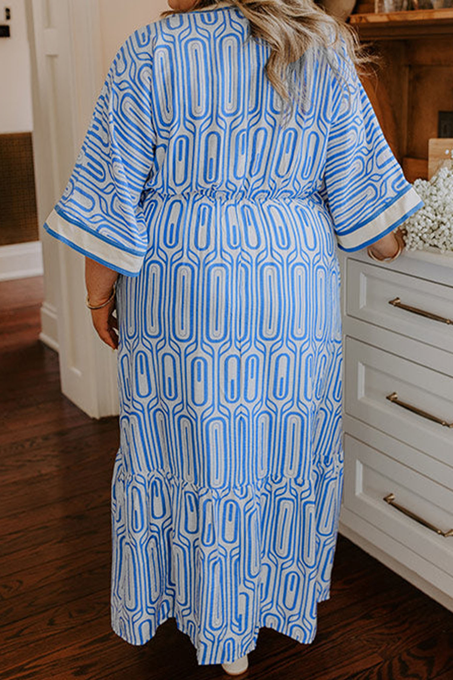 Sky Blue Plus Size Long Dress for Women – Geometric V Neck Bracelet Sleeve Casual Summer Outfit - Detail View 2 Sky Blue Plus Size Long Dress for Women – Geometric V Neck Bracelet Sleeve Casual Summer Outfit - Detail View 2