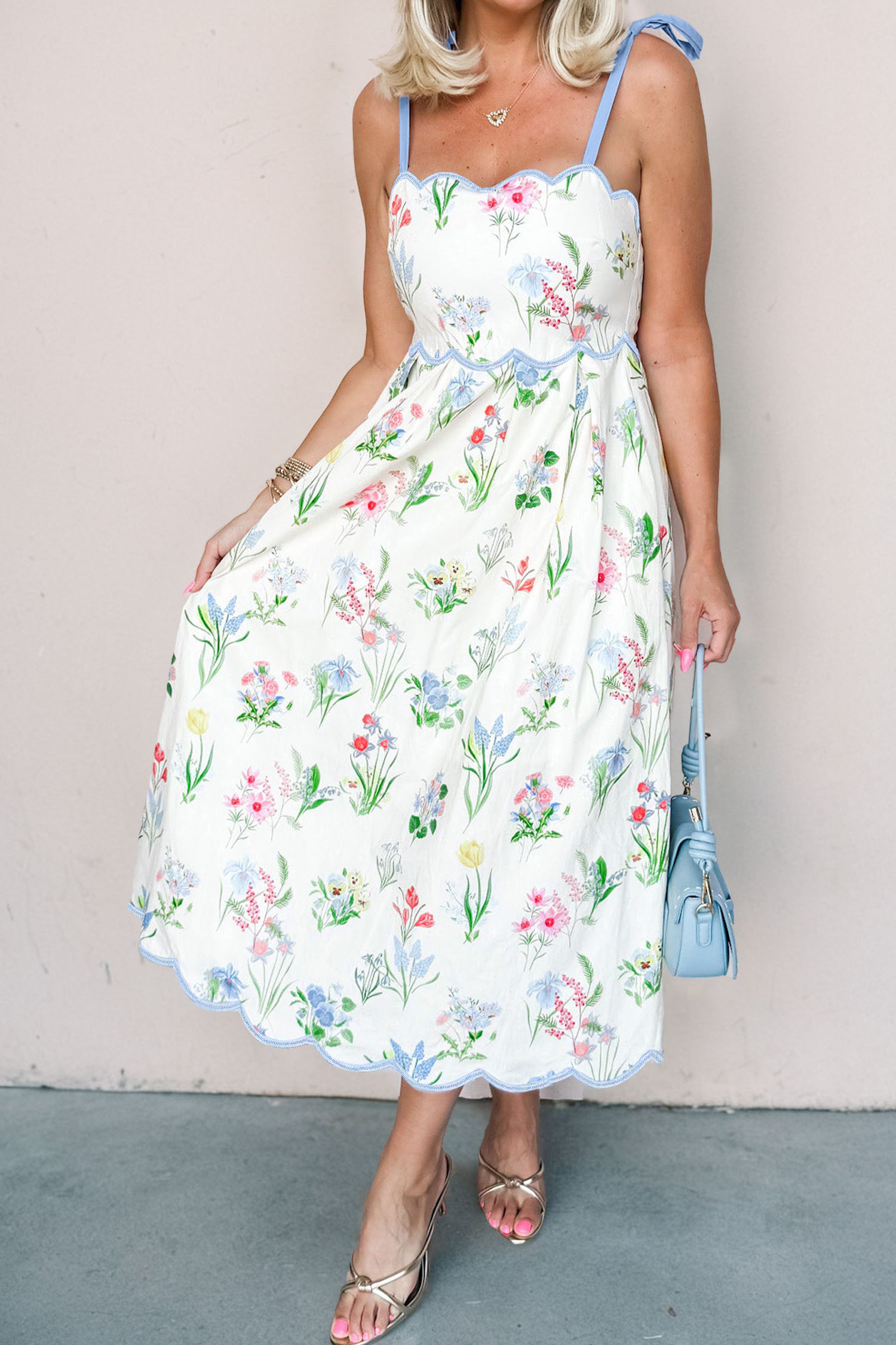 Women's Floral Print Midi Dress – Self-tie Straps High Waist A-Line Summer Vacation Dress - Detail View 7 Women's Floral Print Midi Dress – Self-tie Straps High Waist A-Line Summer Vacation Dress - Detail View 7
