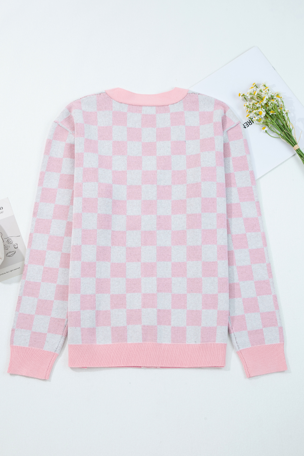Casual Pink Plaid Cardigan for Women – Button V Neck Sweater with Christmas Tree Pattern - Detail View 5 Casual Pink Plaid Cardigan for Women – Button V Neck Sweater with Christmas Tree Pattern - Detail View 5