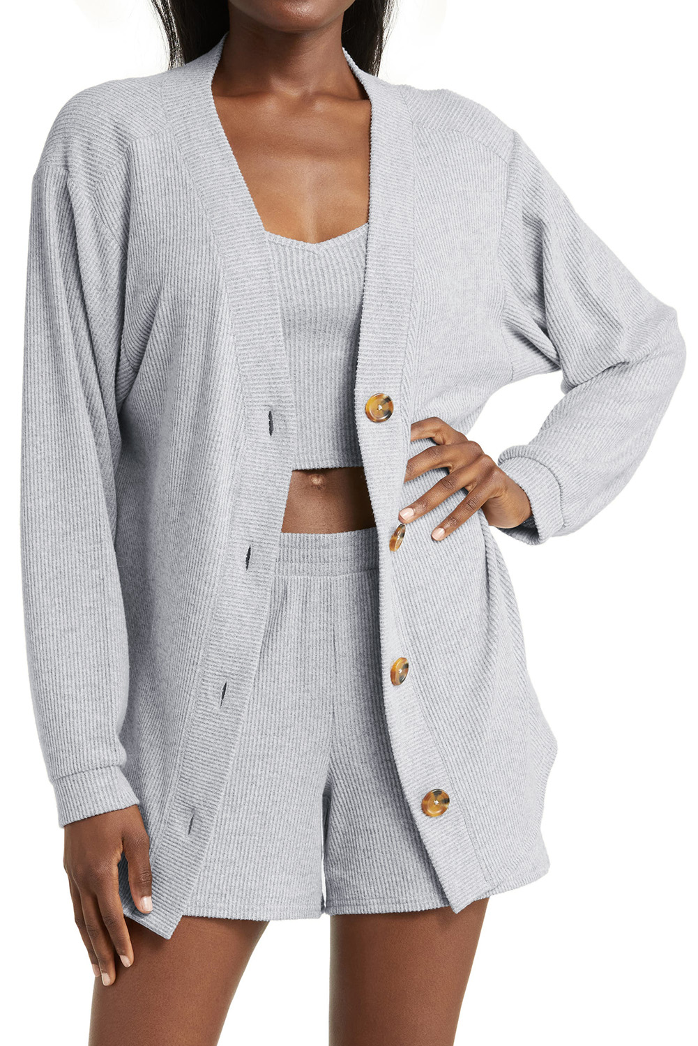 Women's Loungewear, Light Grey Set, Ribbed Fabric, Crop Camisole, Matching Shorts, Cardigan, Casual Style, Home Wear, Summer Outfit, Cozy Fit, Daily Wear, Solid Color, Long Sleeve Cardigan, Comfortable Lounge Set - Detail View 4 Women's Loungewear, Light Grey Set, Ribbed Fabric, Crop Camisole, Matching Shorts, Cardigan, Casual Style, Home Wear, Summer Outfit, Cozy Fit, Daily Wear, Solid Color, Long Sleeve Cardigan, Comfortable Lounge Set - Detail View 4