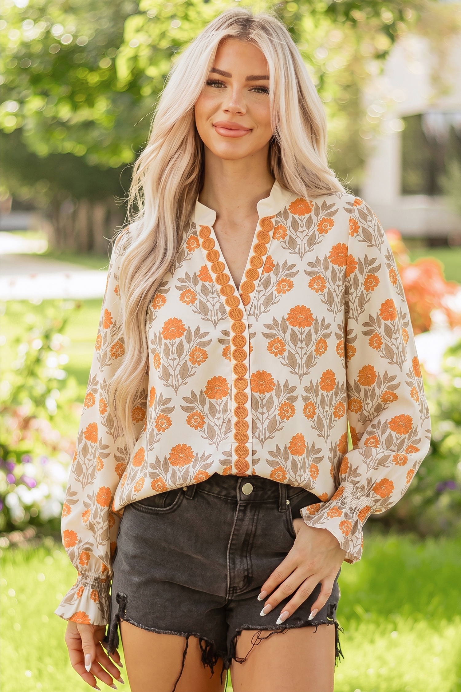 Long Sleeve Smocked Cuff Floral Blouse, Women's Casual Top - Detail View 9 Long Sleeve Smocked Cuff Floral Blouse, Women's Casual Top - Detail View 9