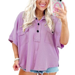 Women's Orchid Bouquet Corded Fabric Short Sleeve Blouse with Flap Pockets - Main View