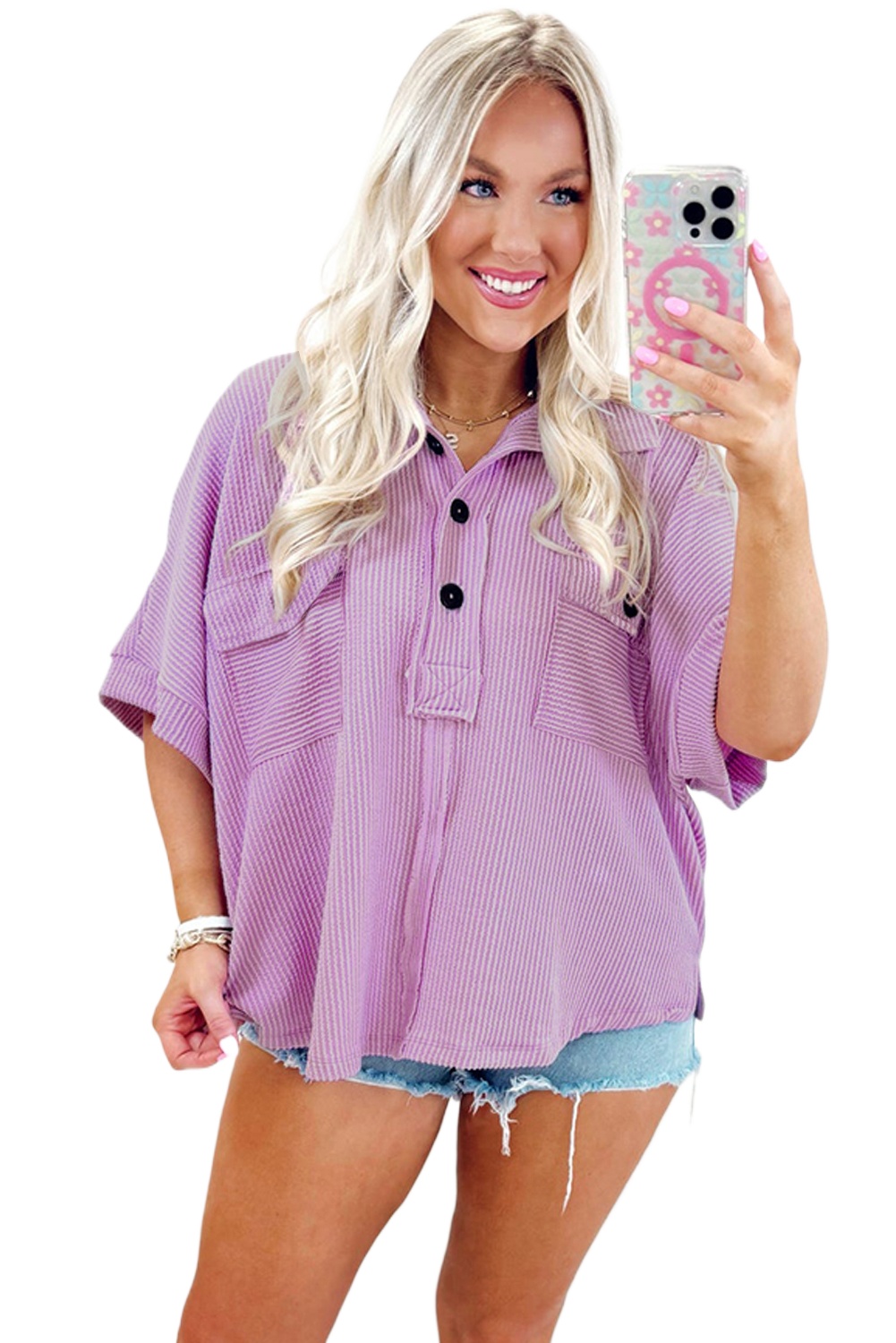 Women's Orchid Bouquet Corded Fabric Short Sleeve Blouse with Flap Pockets - Main View Women's Orchid Bouquet Corded Fabric Short Sleeve Blouse with Flap Pockets - Main View