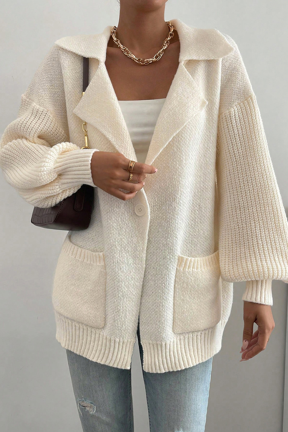 Women's Beige Knit Lapel Collar Cardigan – Casual Fall Layering Essential - Detail View 19 Women's Beige Knit Lapel Collar Cardigan – Casual Fall Layering Essential - Detail View 19