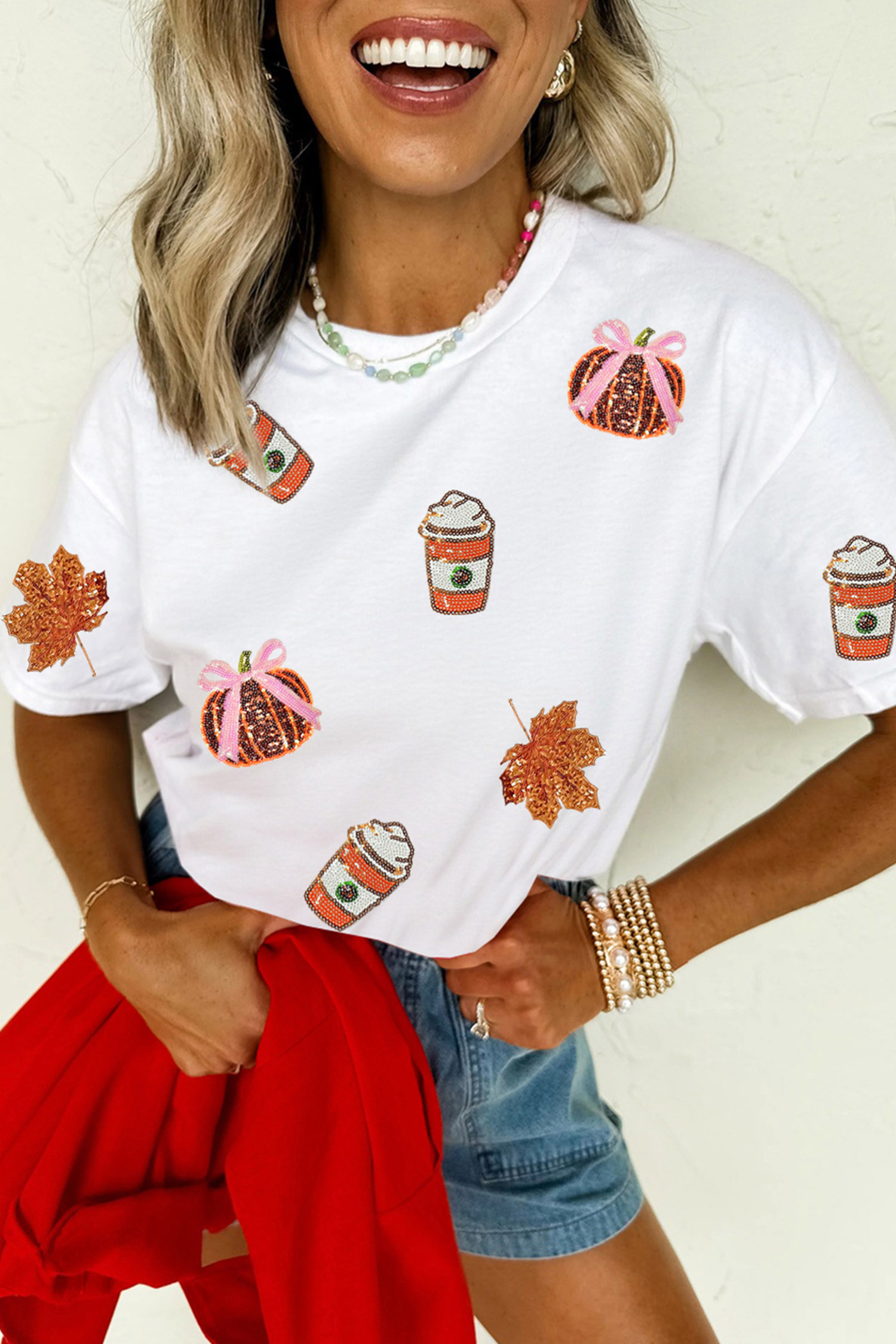 Women's Sequined Fall Graphic T Shirt, Casual Short Sleeve - Detail View 7 Women's Sequined Fall Graphic T Shirt, Casual Short Sleeve - Detail View 7