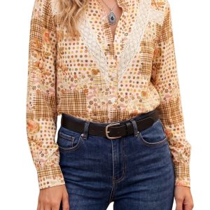 Women's Floral Button Down, Bohemian Long Sleeve Lace Shirt - Main View