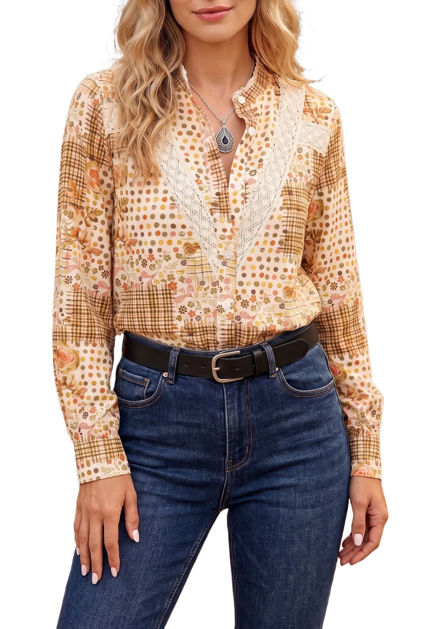 Women's Floral Button Down, Bohemian Long Sleeve Lace Shirt - Main View Women's Floral Button Down, Bohemian Long Sleeve Lace Shirt - Main View