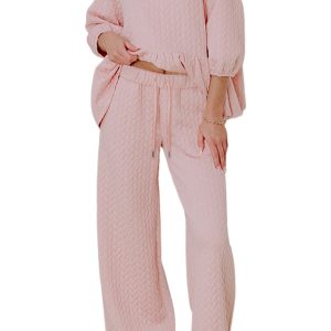 Women's Textured Ruffle Top Set, Casual Pink Lounge Outfit - Main View