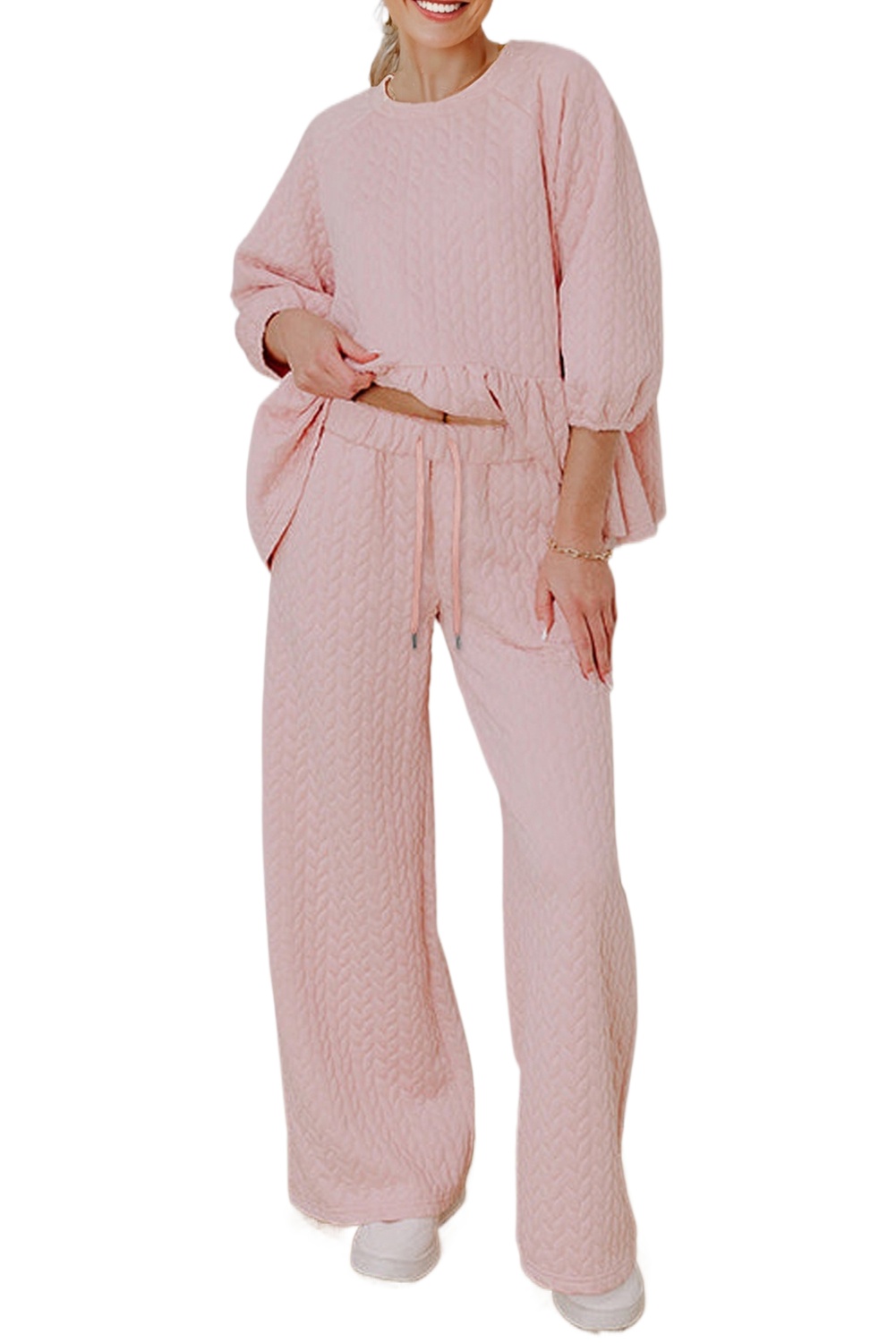 Women's Textured Ruffle Top Set, Casual Pink Lounge Outfit - Main View Women's Textured Ruffle Top Set, Casual Pink Lounge Outfit - Main View