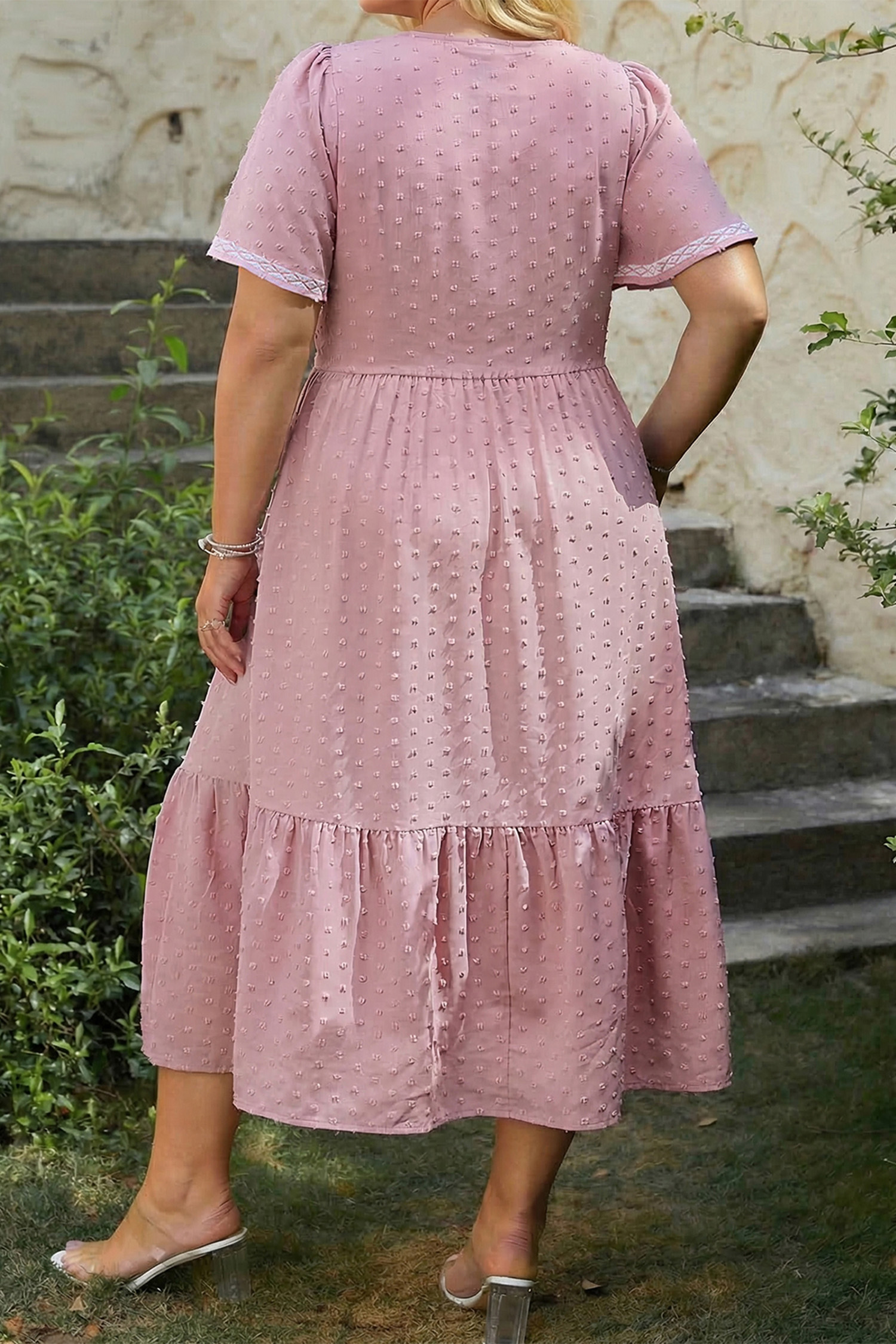 Elegant Square Collar Midi Dress for Women – Casual Short Sleeve Swiss Dot Vacation Dress - Detail View 2 Elegant Square Collar Midi Dress for Women – Casual Short Sleeve Swiss Dot Vacation Dress - Detail View 2