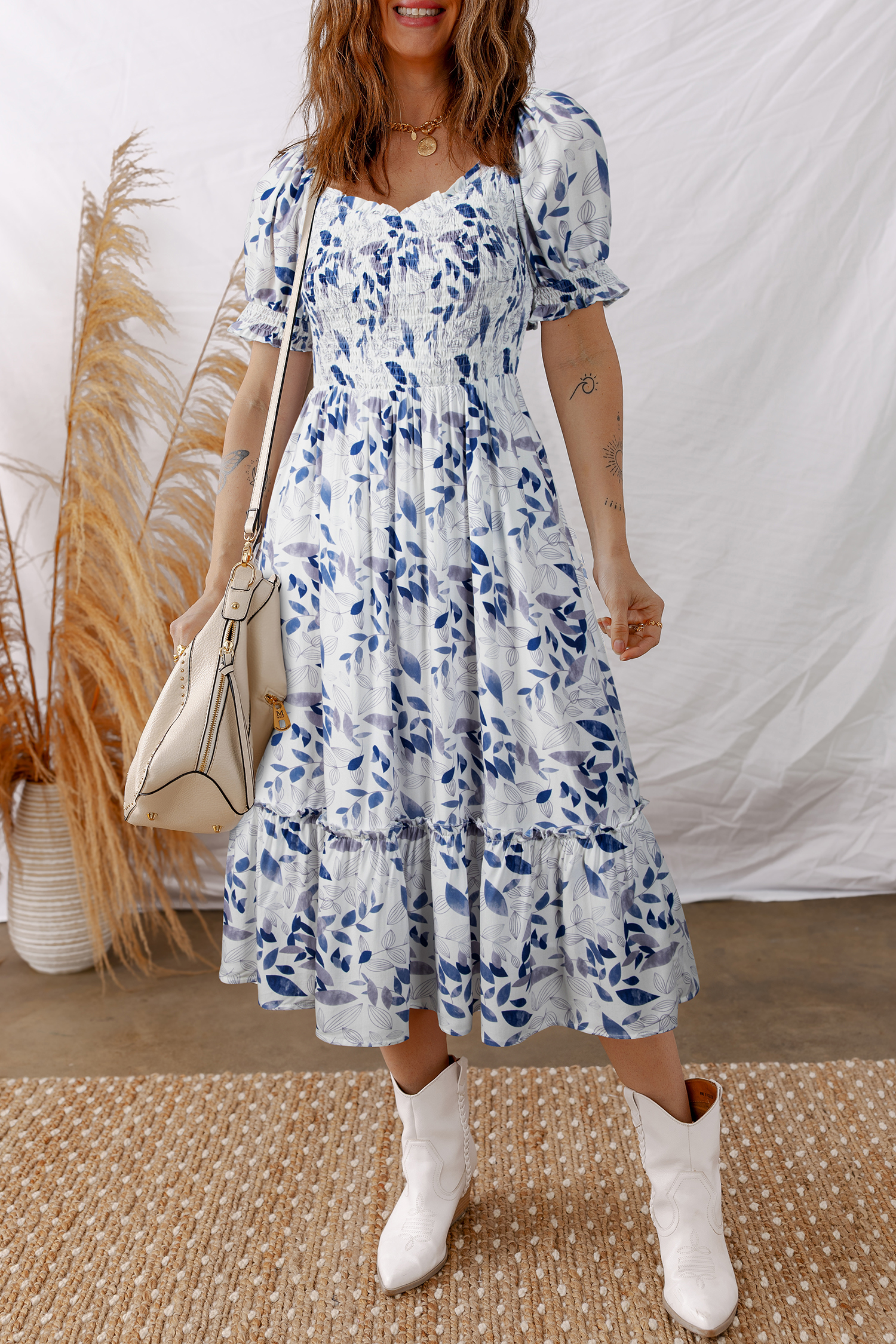 Chic Sky Blue Smocked Bodice Midi Dress for Women – Perfect for Vacation and Daily Wear - Detail View 2 Chic Sky Blue Smocked Bodice Midi Dress for Women – Perfect for Vacation and Daily Wear - Detail View 2