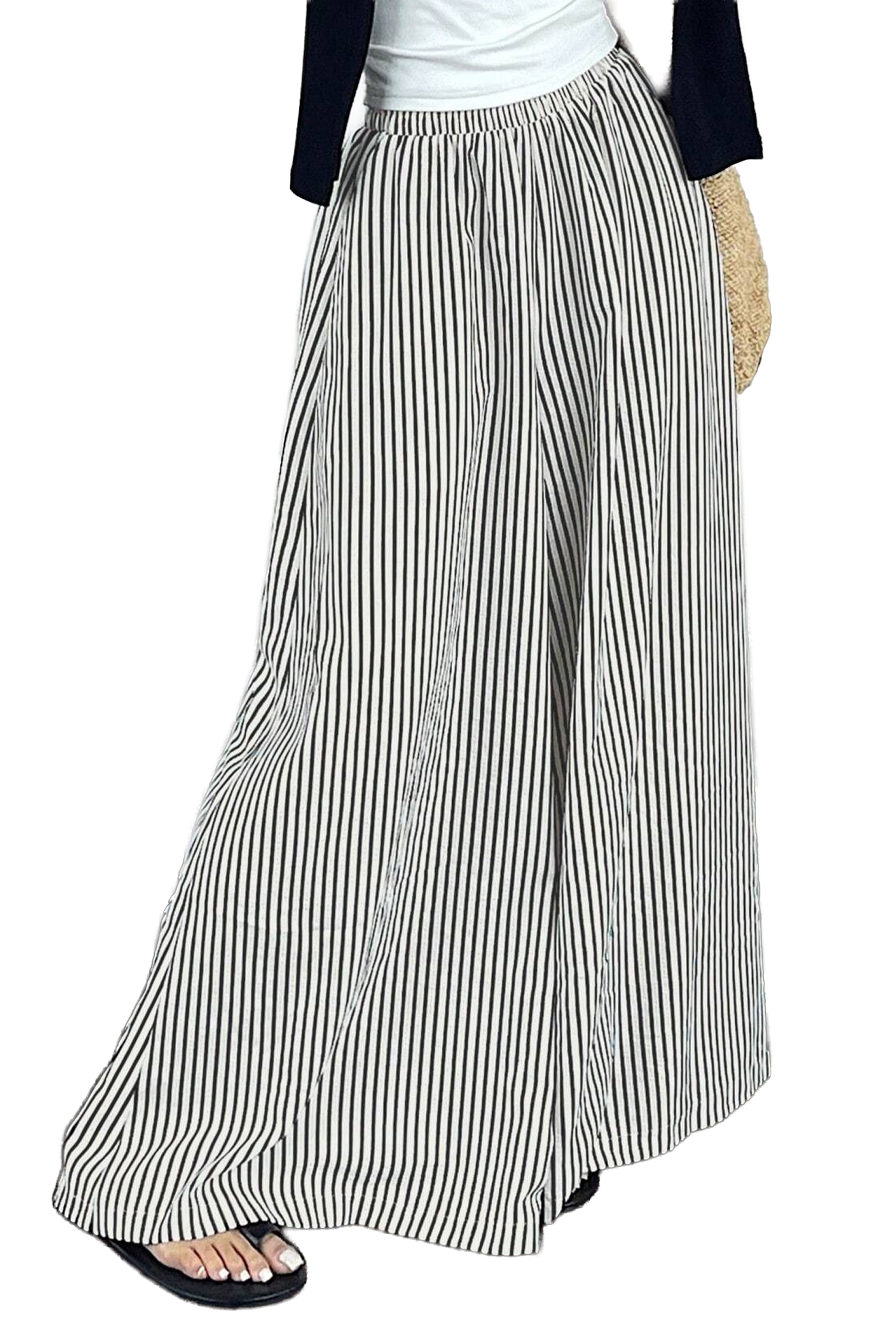 Women's Black Stripe Wide Leg Pants – High Waist Casual Trousers with Pockets for Daily Wear - Main View Women's Black Stripe Wide Leg Pants – High Waist Casual Trousers with Pockets for Daily Wear - Main View
