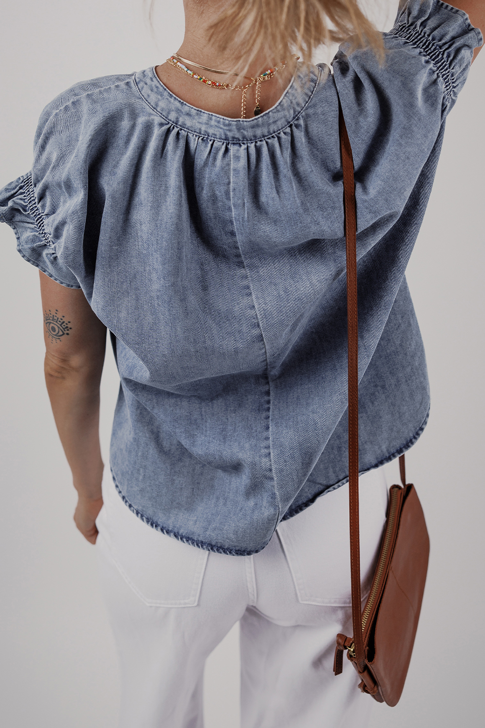Chic Dusk Blue Denim Top with V Neck and Ruffled Puff Sleeves for Women - Detail View 2 Chic Dusk Blue Denim Top with V Neck and Ruffled Puff Sleeves for Women - Detail View 2