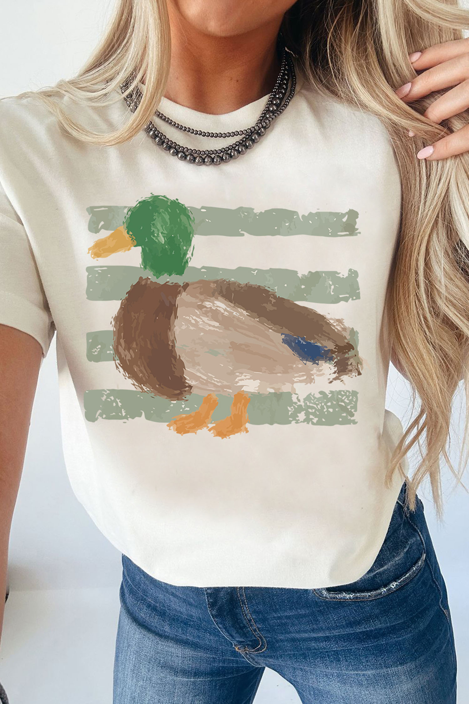 Women's Striped Duck Graphic Tee – Round Neck Casual Top - Detail View 2 Women's Striped Duck Graphic Tee – Round Neck Casual Top - Detail View 2