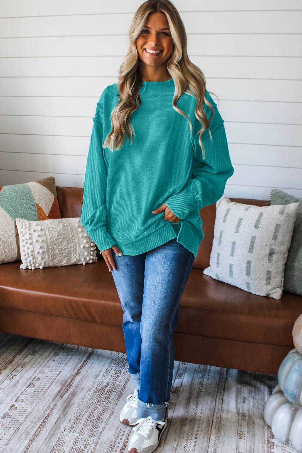 Versatile Long Sleeve Sea Green Shift Pullover – Perfect for Fall Casual Outfits - Detail View 9 Versatile Long Sleeve Sea Green Shift Pullover – Perfect for Fall Casual Outfits - Detail View 9