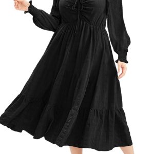 Elegant Black Lace-up Ruched Front Long Sleeve Plus Size Midi Dress with Ruffle Hem - Main View