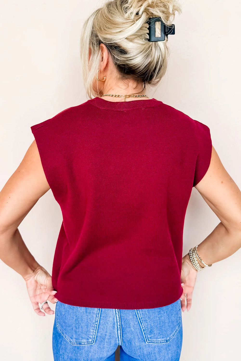 Cozy Racing Red Short Sleeve Knit Sweater for Women – Round Neck Shift Silhouette for Fall Layering - Detail View 2 Cozy Racing Red Short Sleeve Knit Sweater for Women – Round Neck Shift Silhouette for Fall Layering - Detail View 2